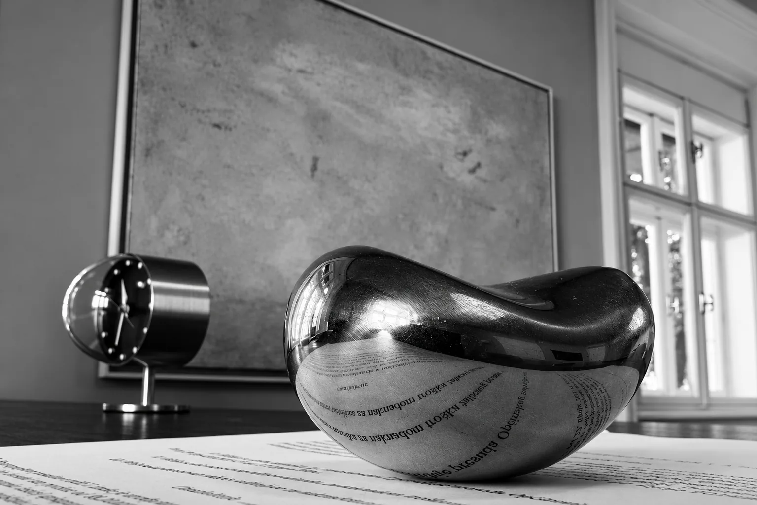 Office detail — clock and metal paperweight